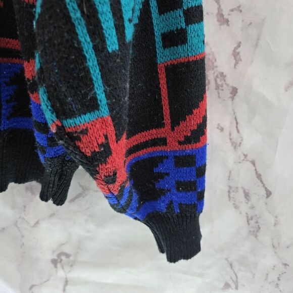 Vintage Sweater Men Medium Black Red Blue Acrylic 90s Raglan Ikat Geometric - Picture 4 of 11